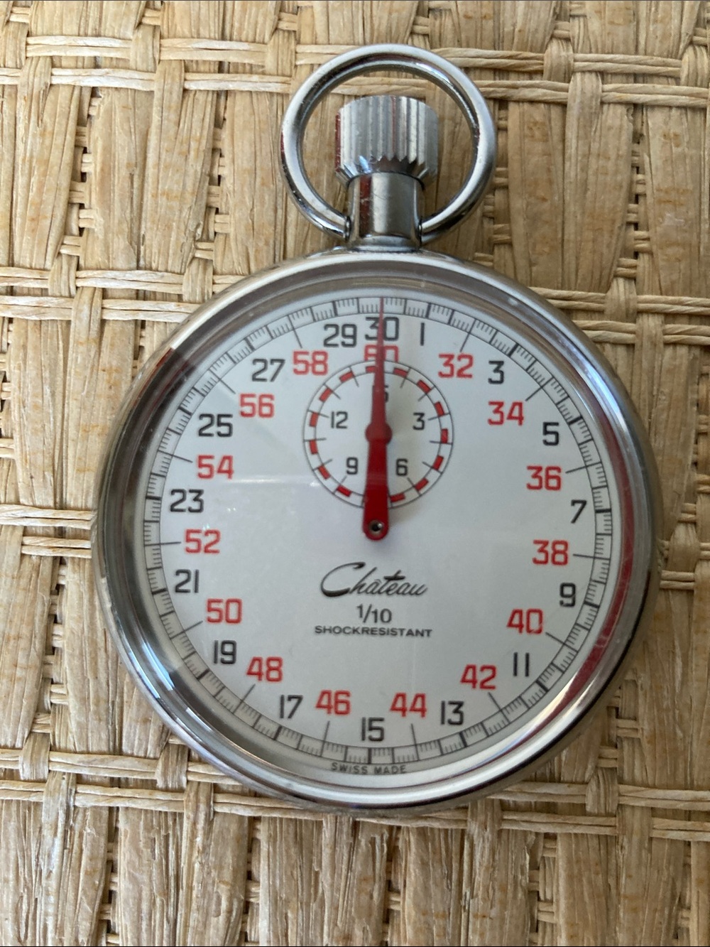 Vintage Chateau Silver Pocket Stopwatch with White Dial and Red Accents